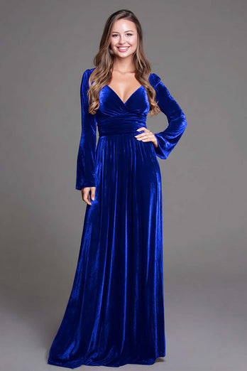 Cabernet V-Neck A-Line Velvet Long Holiday Party Dress with Sleeves