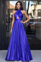 Load image into Gallery viewer, Metallic Gold Halter Keyhole A Line Long Prom Dress