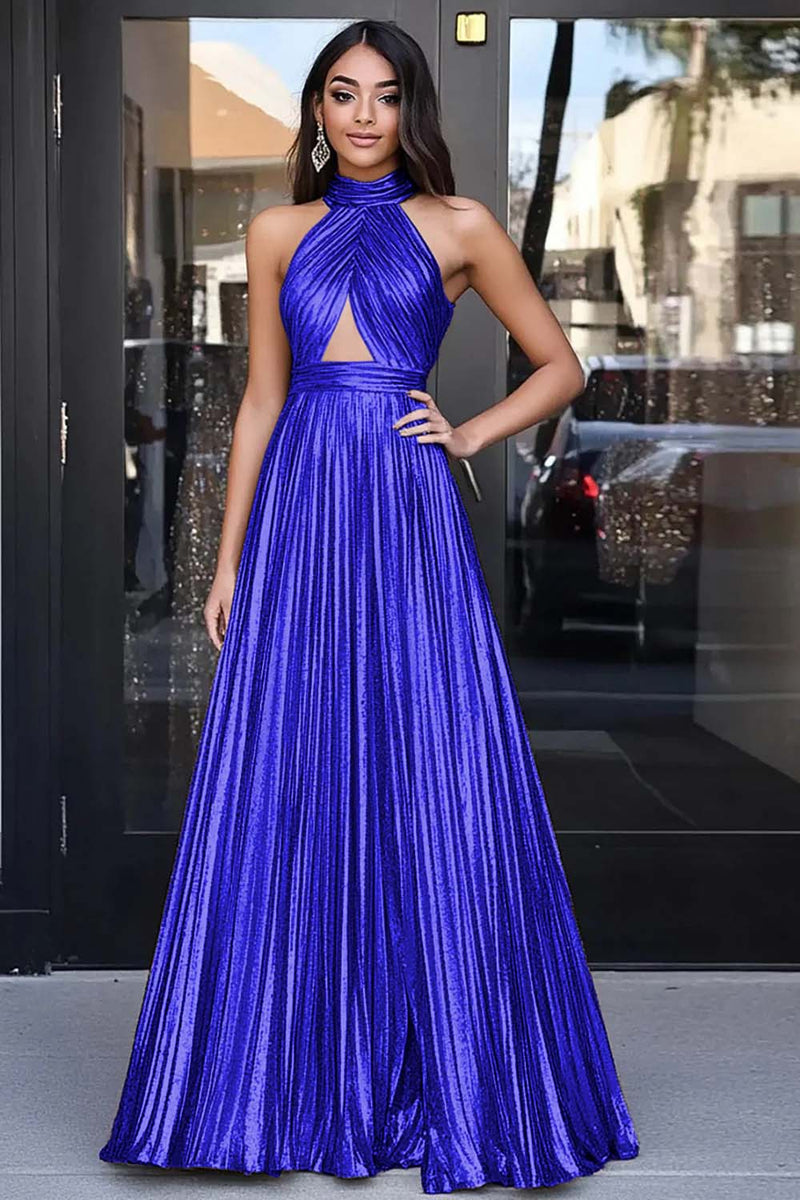 Load image into Gallery viewer, Metallic Gold Halter Keyhole A Line Long Prom Dress