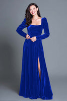 Load image into Gallery viewer, Plum A-Line Long Sleeves Velvet Holiday Party Dress with Slit
