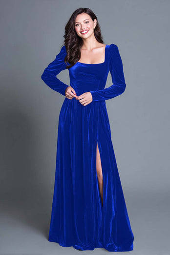Plum A-Line Long Sleeves Velvet Holiday Party Dress with Slit