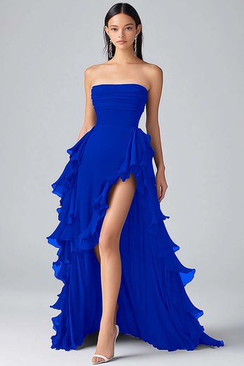 Black Strapless Tiered Long Chiffon Formal Dress with Slit