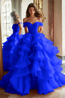 Load image into Gallery viewer, Pink Ball Gown Tulle Off the Shoulder Tiered Long Prom Dress