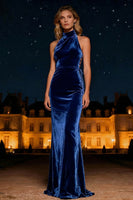 Load image into Gallery viewer, Purple Halter Neck Mermaid Long Velvet Holiday Party Dress