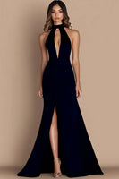 Load image into Gallery viewer, Ink Blue Halter Simple Satin Keyhole Long Tie Dress with Slit