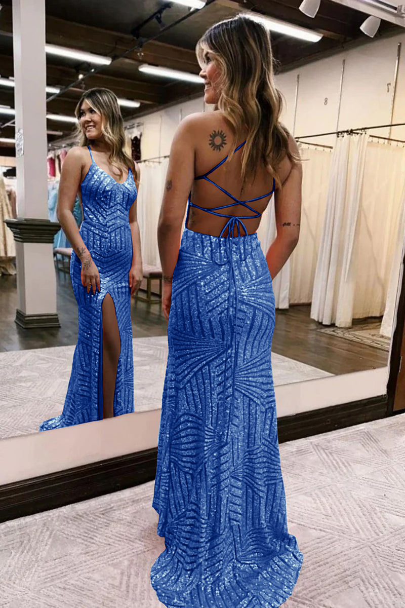 Load image into Gallery viewer, Sparkly Red Open Back Sequins Long Prom Dress with Slit