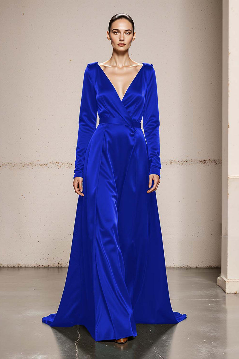 Load image into Gallery viewer, Peacock Green Satin V-Neck A Line Long Formal Dress with Sleeves