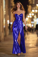 Load image into Gallery viewer, Sparkly Gold Metallic Sweetheart Long Formal Dress with Slit