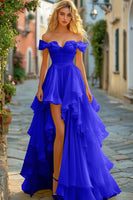 Load image into Gallery viewer, Yellow A Line Tiered Off the Shoulder Long Asymmetrical Prom Dress