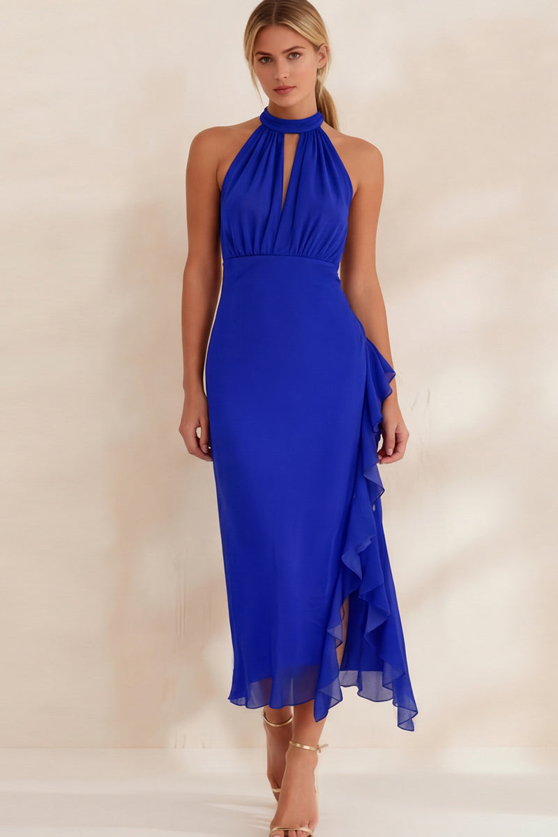 Load image into Gallery viewer, Navy Chiffon Ruffled Halter Ankle Length Work Dress with Slit