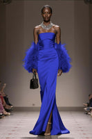 Load image into Gallery viewer, Silver Satin Mermaid Strapless Long Formal Dress with Slit