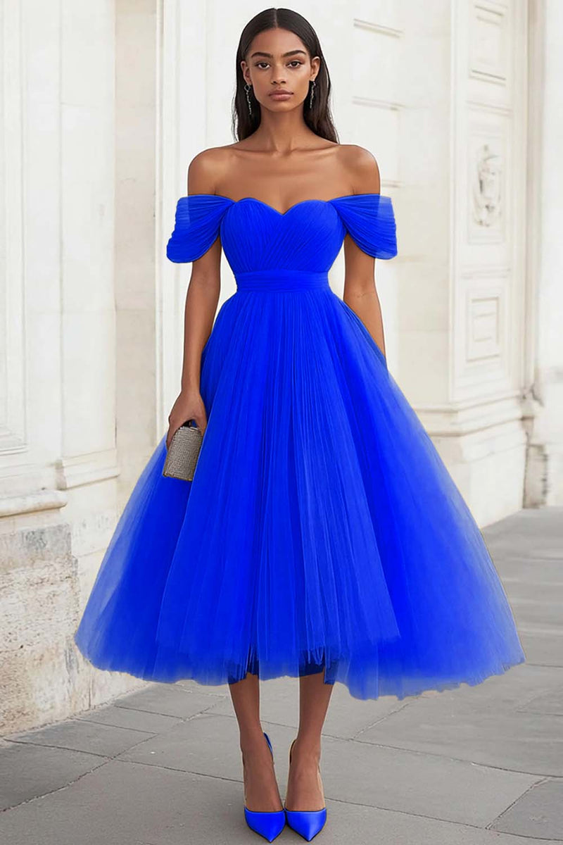 Load image into Gallery viewer, Yellow Tulle Off the Shoulder Midi Formal Dress