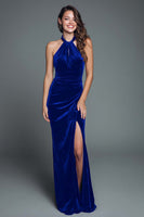 Load image into Gallery viewer, Cabernet Halter Mermaid Velvet Long Holiday Party Dress with Slit