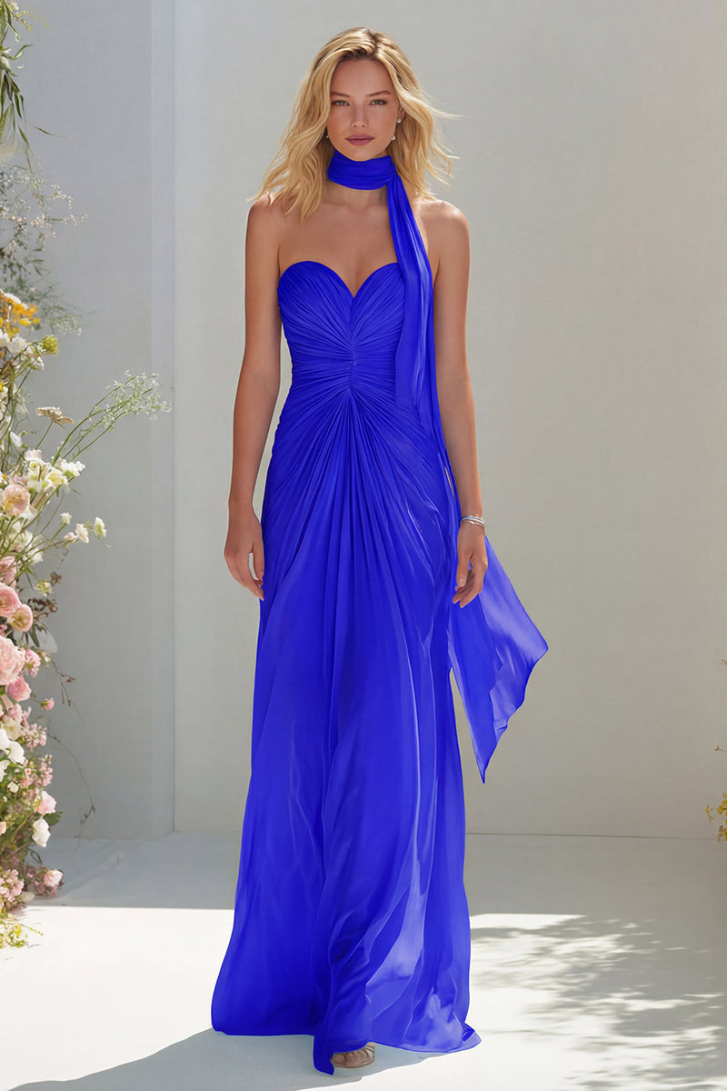 Load image into Gallery viewer, Sky Blue A Line Ruched Neck Scarf Sweetheart Long Prom Dress