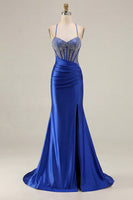 Load image into Gallery viewer, Sparkly Pink Mermaid Long Corset Prom Dress with Slit