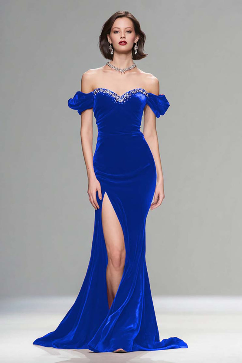 Load image into Gallery viewer, Sparkly Dark Navy Velvet Mermaid Long Holiday Party Dress with Beading