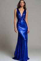 Load image into Gallery viewer, Sparkly Gold Metallic Deep V-Neck Long Formal Dress