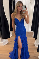 Load image into Gallery viewer, Sparkly Lilac Appliques Tiered Maxi Chiffon Prom Dress with Slit