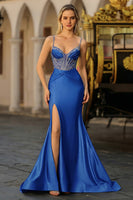 Load image into Gallery viewer, Plus Size Sparkly Dusty Blue Satin Beaded Long Corset Prom Dress with Slit