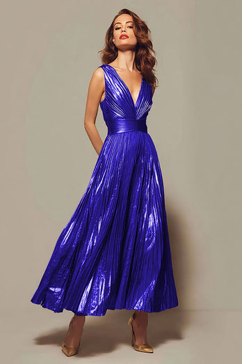 Sparkly Gold Metallic V-Neck A-Line Pleated Long Formal Dress