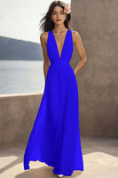 Load image into Gallery viewer, Chiffon Ivory Deep V-Neck Ruched Beach Maxi Engagement Dress