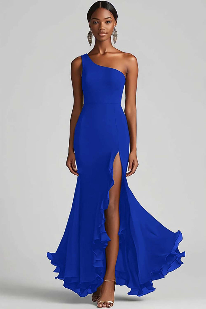 Load image into Gallery viewer, Ink Blue Mermaid Ruffled Chiffon Long Formal Dress with Slit