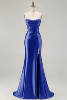 Load image into Gallery viewer, Dark Green Strapless Satin Mermaid Long Corset Prom Dress with Slit