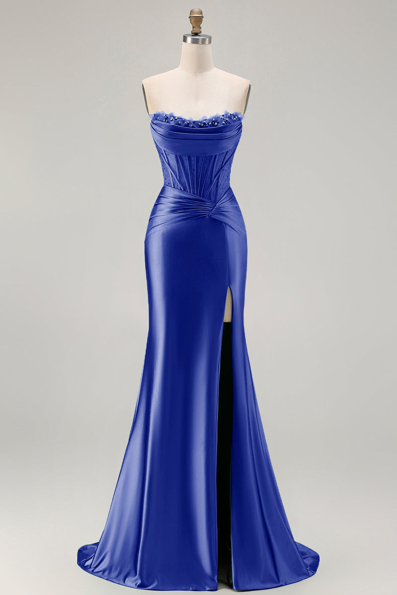 Load image into Gallery viewer, Dark Green Strapless Satin Mermaid Long Corset Prom Dress with Slit