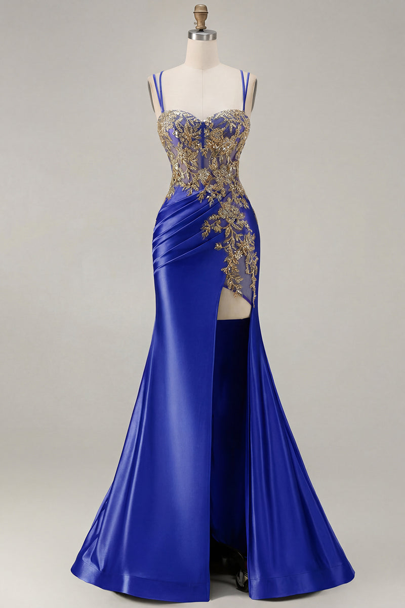 Load image into Gallery viewer, Sparkly Black Satin Floral Appliqued Long Corset Prom Dress with Slit