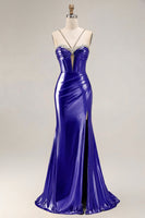 Load image into Gallery viewer, Sparkly Golden Metallic Mermaid Long Corset Prom Dress with Slit