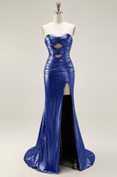 Load image into Gallery viewer, Fuchsia Long Metallic Mermaid Prom Dress with 3D Flowers