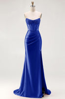 Load image into Gallery viewer, Sparkly Red Mermaid Satin Beaded Long Corset Prom Dress with Slit