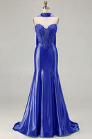 Load image into Gallery viewer, Blue Satin Sweetheart Mermaid Long Corset Prom Dress
