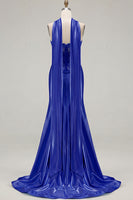 Load image into Gallery viewer, Blue Satin Sweetheart Mermaid Long Corset Prom Dress