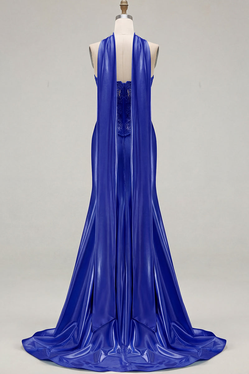 Load image into Gallery viewer, Blue Satin Sweetheart Mermaid Long Corset Prom Dress