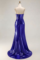 Load image into Gallery viewer, Sparkly Golden Metallic Mermaid Long Corset Prom Dress with Slit