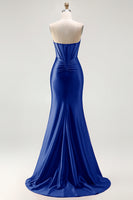 Load image into Gallery viewer, Sparkly Red Mermaid Satin Beaded Long Corset Prom Dress with Slit