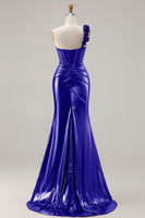 Load image into Gallery viewer, Sparkly Red Ruched Metallic Long Corset Prom Dress with 3D Flowers