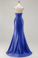 Load image into Gallery viewer, Dark Green Strapless Satin Mermaid Long Corset Prom Dress with Slit