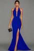 Load image into Gallery viewer, Black Mermaid Satin Halter Long Formal Dress with Slit