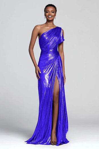 Sparkly Brown Mermaid One Shoulder Metallic Long Formal Dress with Slit