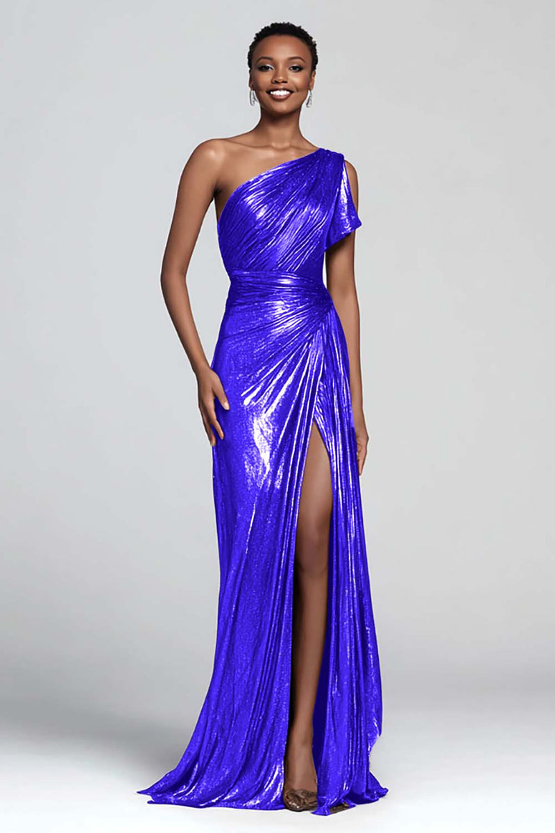 Load image into Gallery viewer, Sparkly Brown Mermaid One Shoulder Metallic Long Formal Dress with Slit