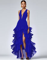 Load image into Gallery viewer, A Line Royal Blue Sleeveless V-Neck Tiered Maxi Formal Dress with Slit