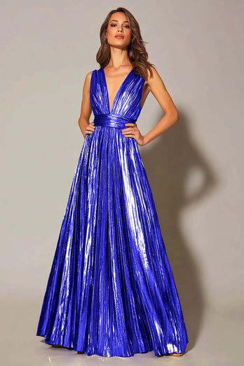 Sparkly Gold Metallic A-Line Pleated V-Neck Long Formal Dress