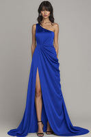 Load image into Gallery viewer, Satin Peacock A Line One Shoulder Maxi Formal Dress with Slit