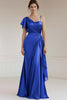 Load image into Gallery viewer, Peacock Sheath Ruched Satin Maxi Formal Dress