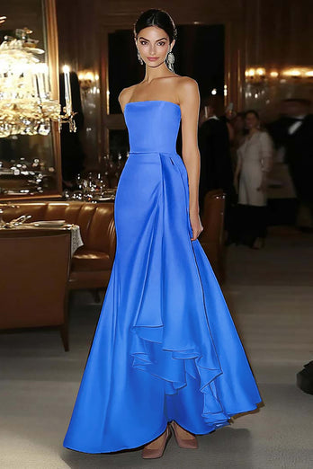 Elegant Pink Strapless Mermaid Ruffled Long Satin Gala Dress