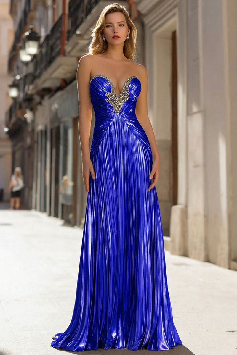 Load image into Gallery viewer, Sparkly Gold Pleated Strapless Metallic Long Prom Dress