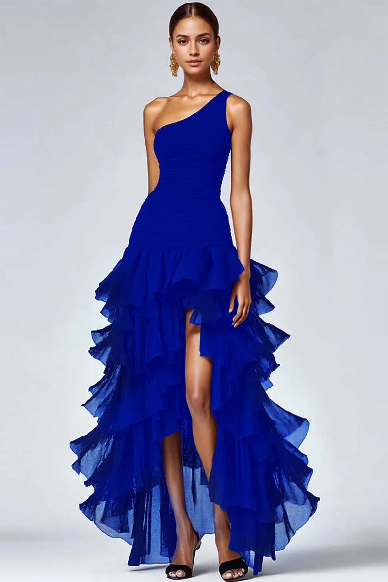 Load image into Gallery viewer, Black Organza One Shoulder High Low Formal Dress with Ruffles