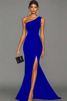 Load image into Gallery viewer, Dark Green Satin One Shoulder Mermaid Long Formal Dress with Slit